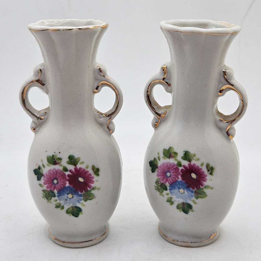 Vintage Made in Japan Mini Bud Vases Pair Floral Porcelain Gold Tone Trim